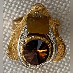 J Jansen Cognac Color Crystal Stone Ring Gold Silver Tone Abstract Size 7.5